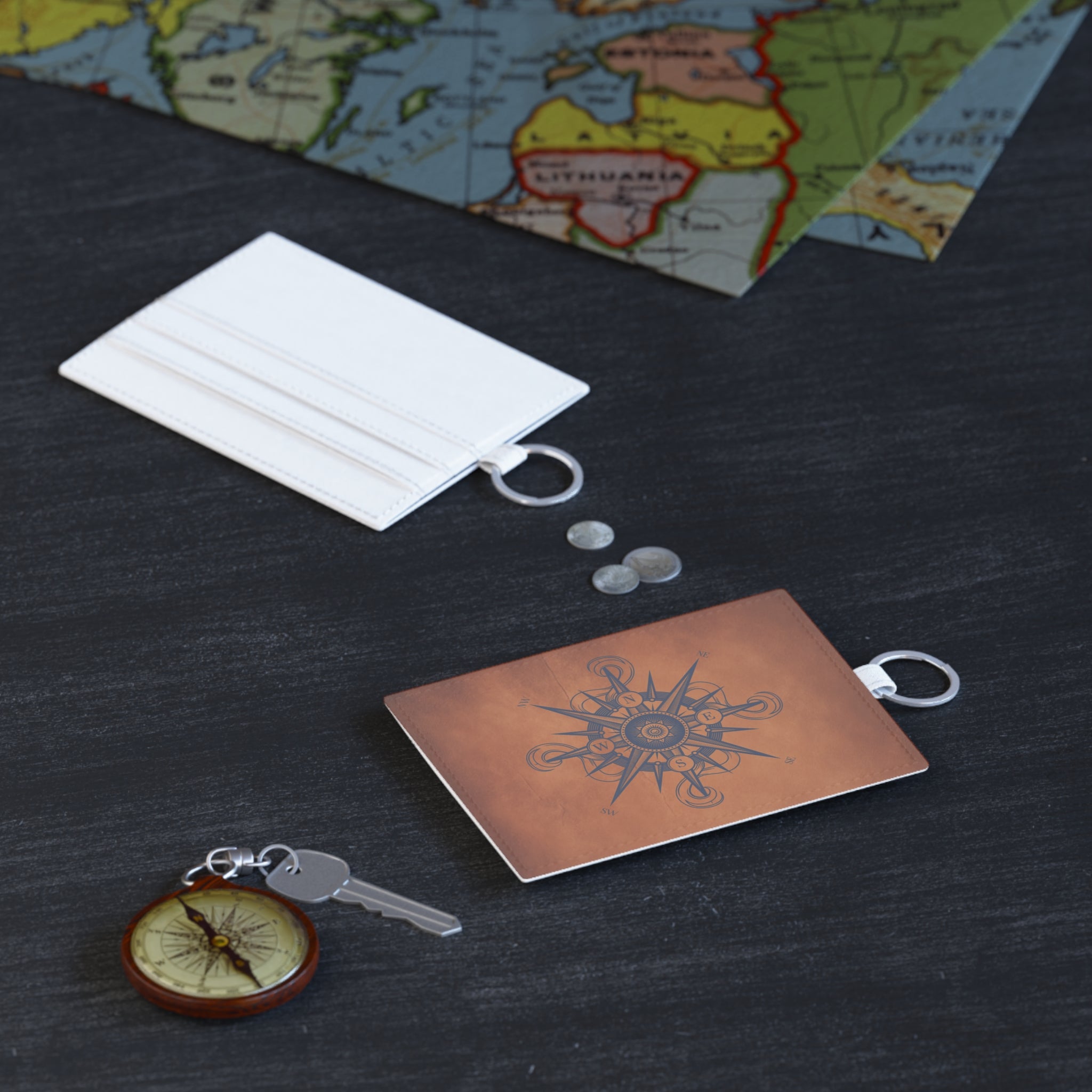 Leather Card Holder Saffiano with Compass Design, Travel Accessory