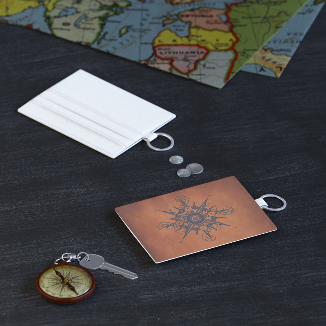 Leather Card Holder Saffiano with Compass Design, Travel Accessory